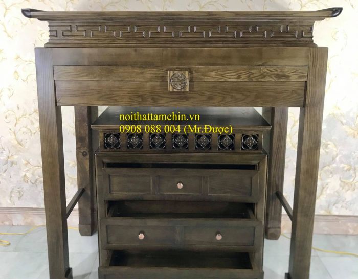 Bàn  Thờ Gia Tiên Cặp Gỗ Sồi 1m27 x 1m27 x 62 ( ngang x cao x sâu )